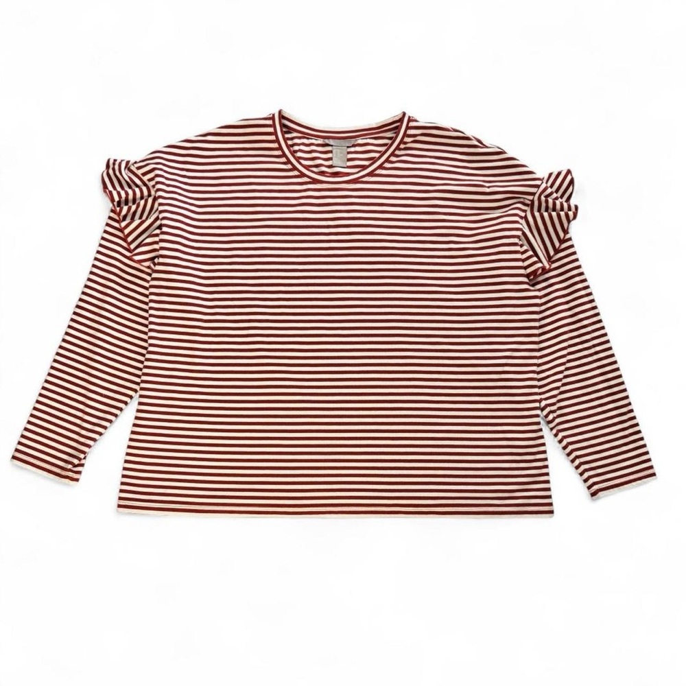 H&M Red & White Stripped Long Sleeve Shirt with a Ruffle Sleeves